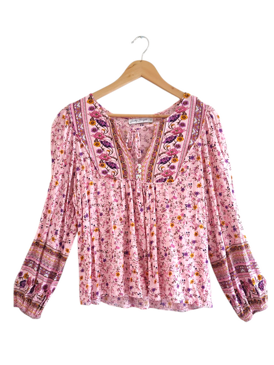 Salty Bright Pastel Pink Floral Print Light Weight Breezy Long Sleeve V Neck Blouse