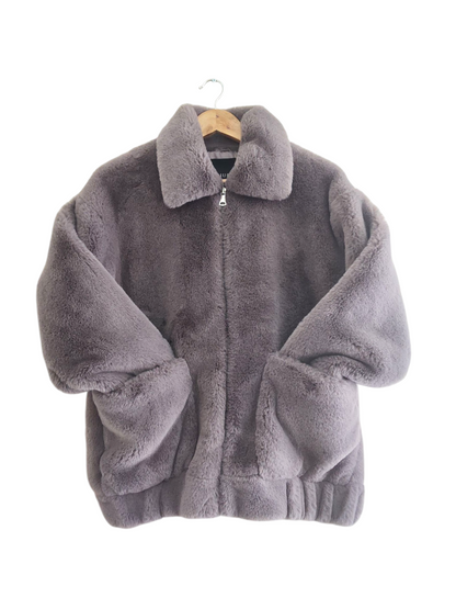 Decjuba Lux Faux Fur Zip through Bomber Jacket in Grey