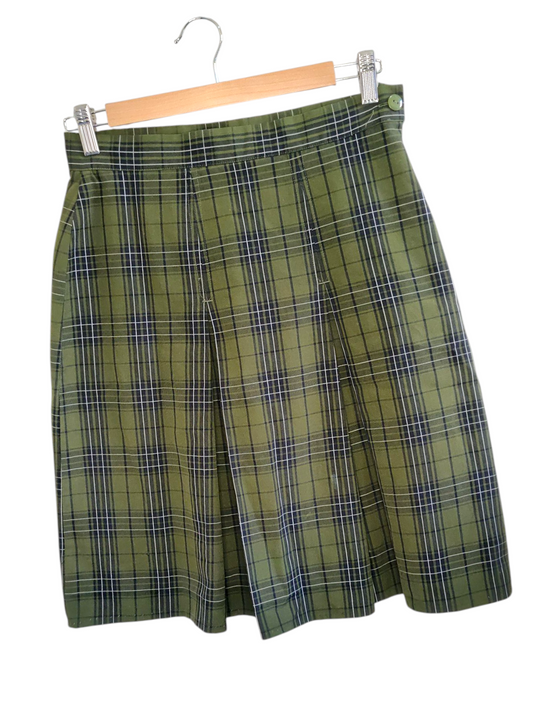 High Waisted Pleated Plaid Green Skirt