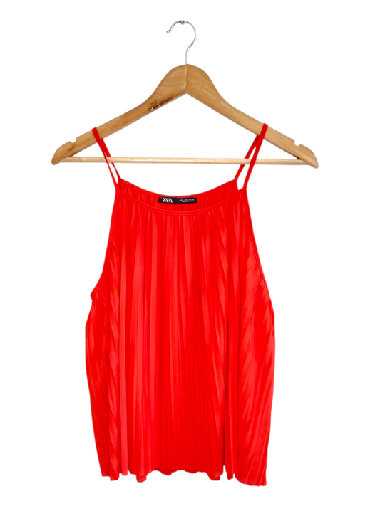 Pleated Red Sleeveless Blouse