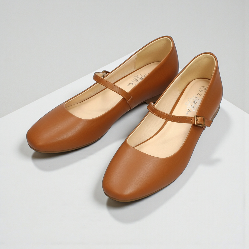 Tan Mary Jane–style flats