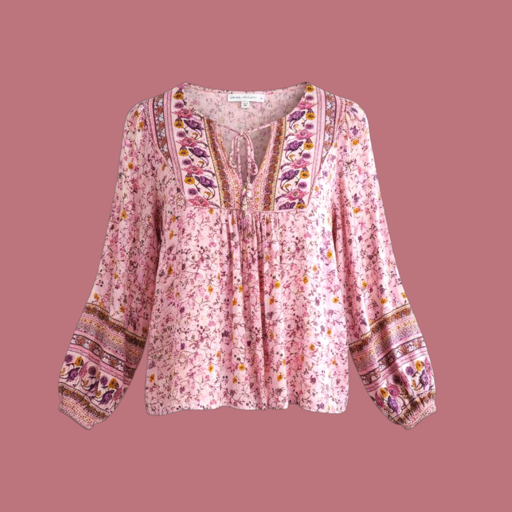 Salty Bright Pastel Pink Floral Print Light Weight Breezy Long Sleeve V Neck Blouse