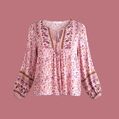Salty Bright Pastel Pink Floral Print Light Weight Breezy Long Sleeve V Neck Blouse