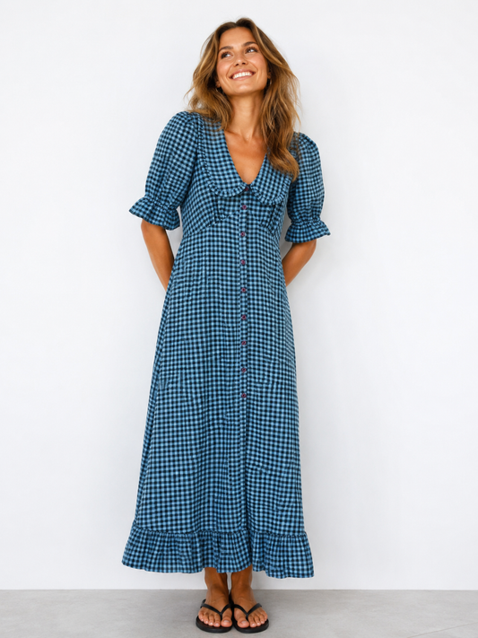 Nobody’s Child Blue Gingham Button Front Maxi Dress