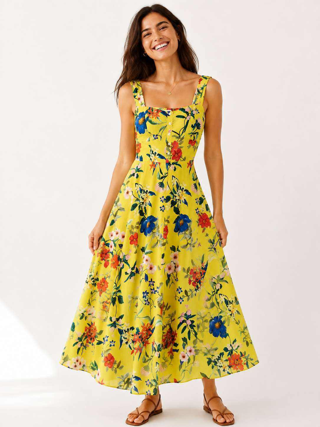Monsoon Yellow Floral Button Front Maxi Dress