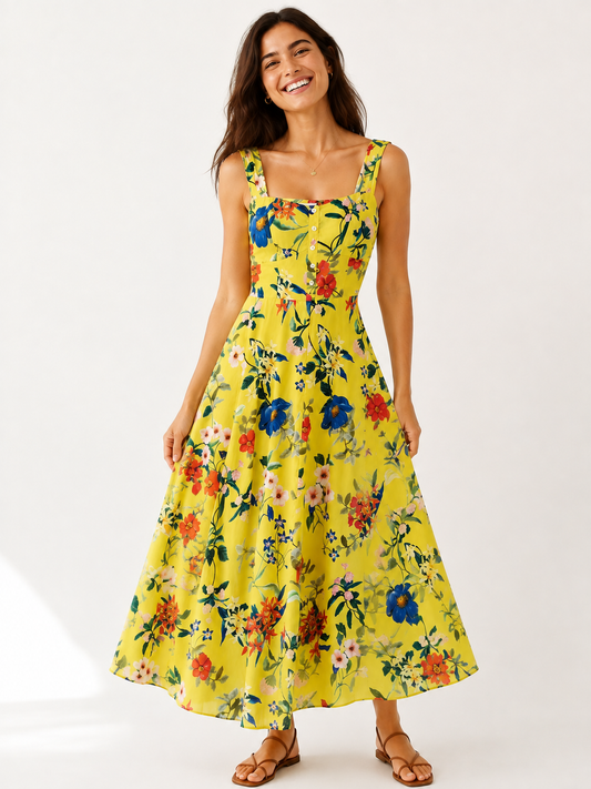 Monsoon Yellow Floral Button Front Maxi Dress