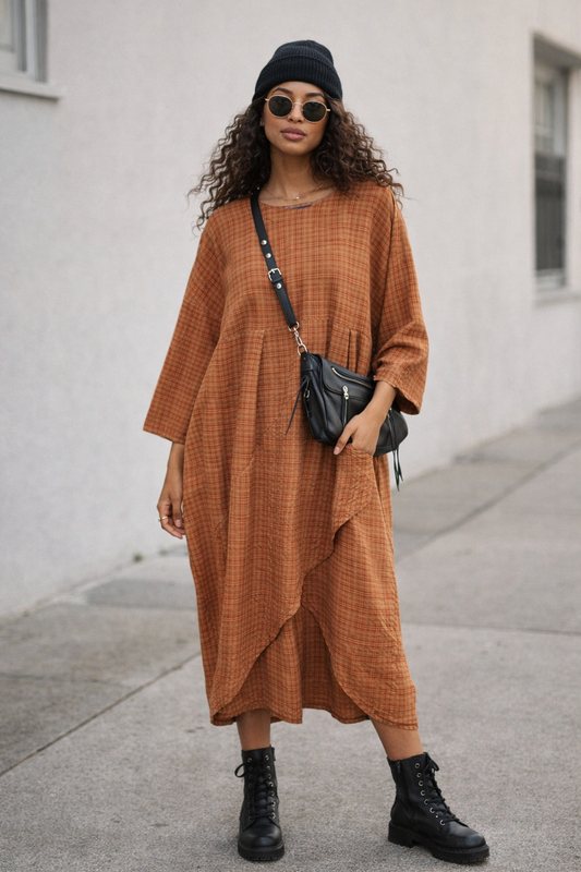 Textured Check Cocoon Dress – Rust