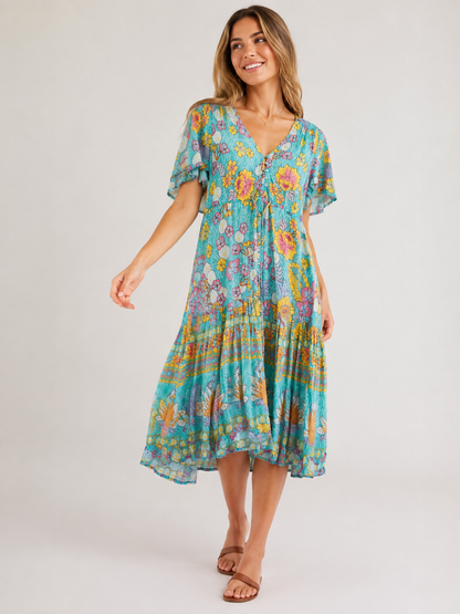 Best Wishes Turquoise Floral Boho Midi Dress