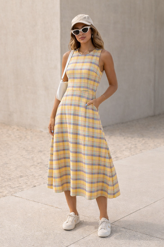 Yellow Plaid Sleeveless Dress