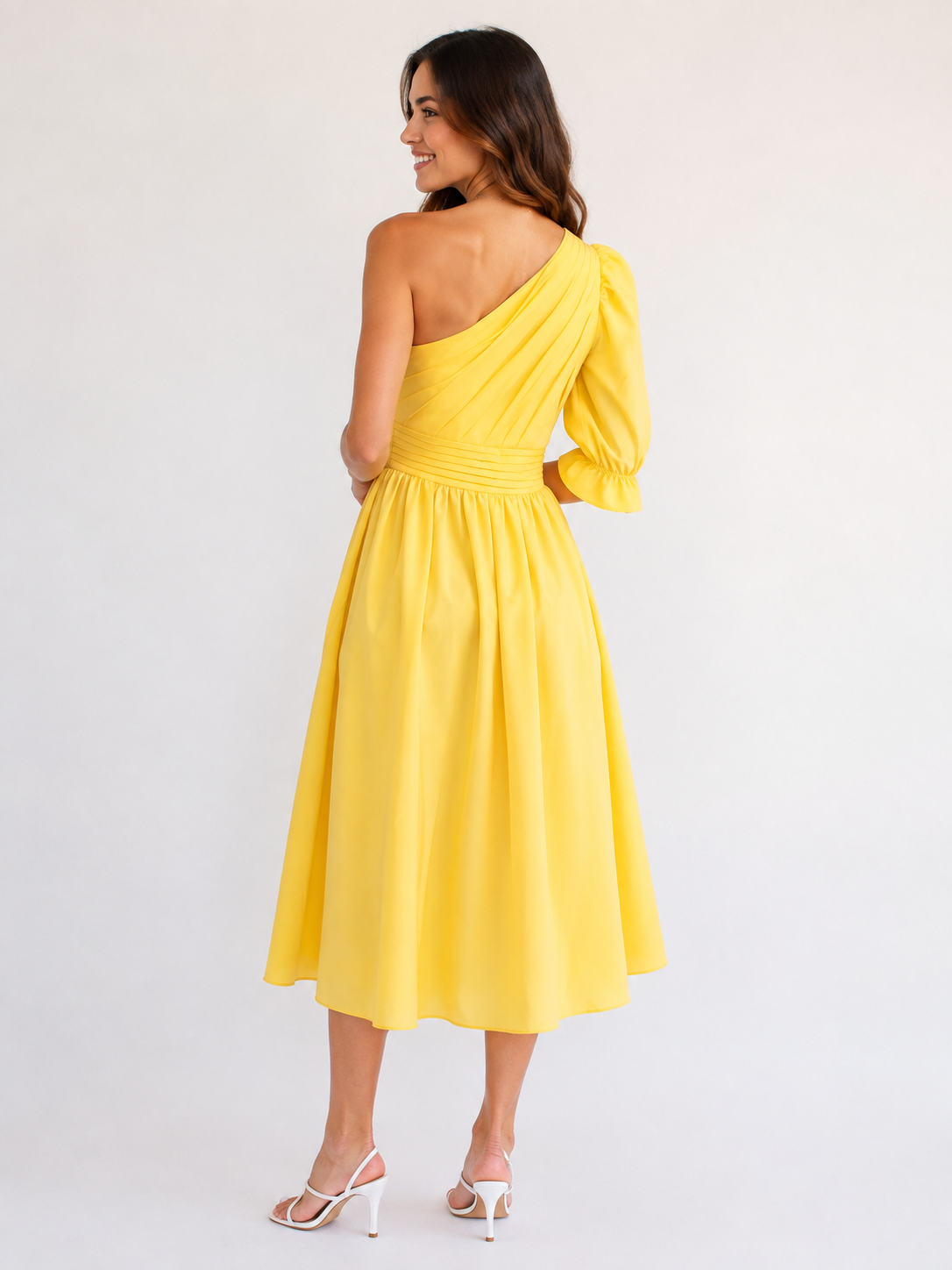 Lavish Alice Yellow One Shoulder Puff Midi Dress